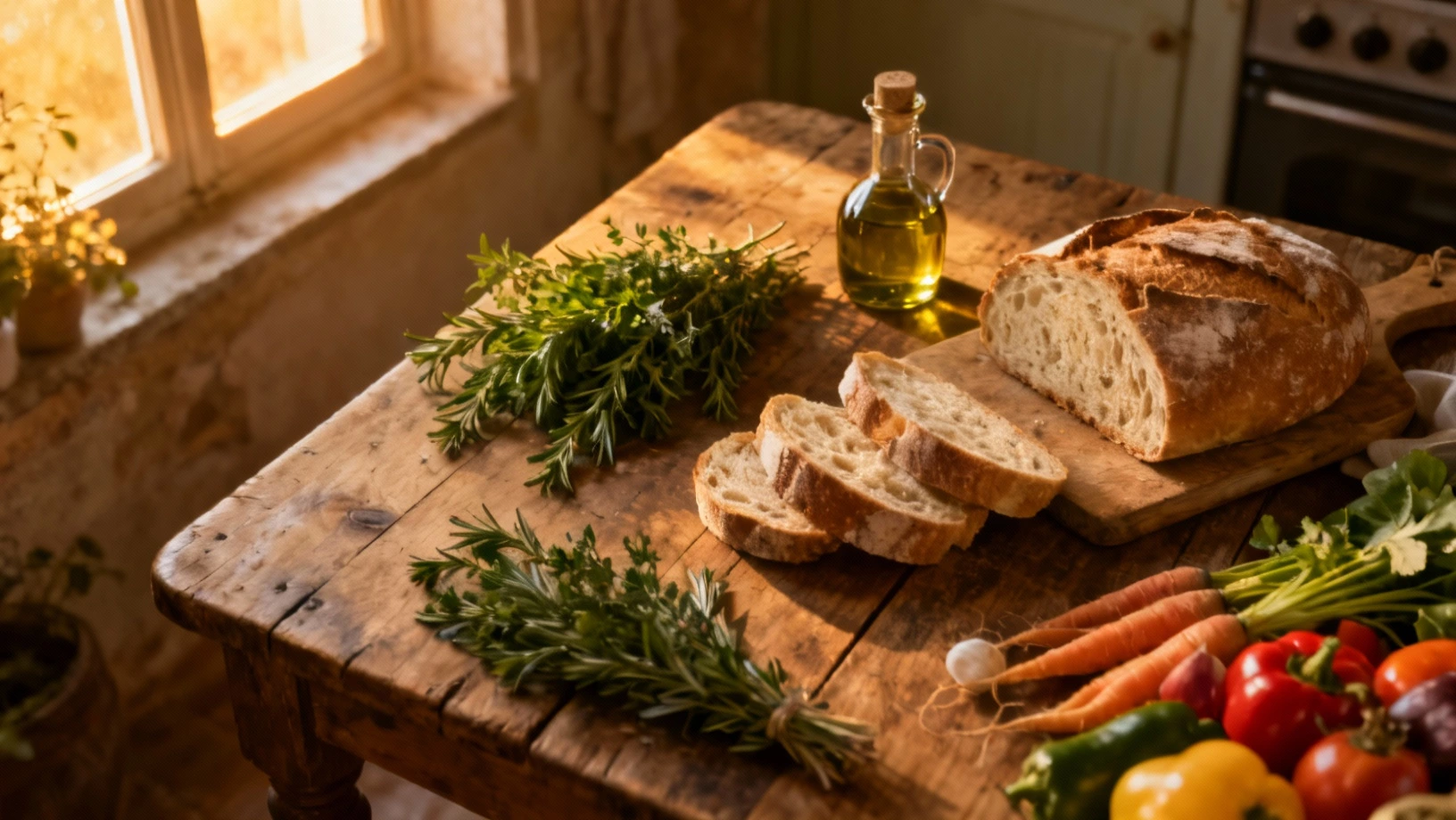 Table rustique garnie de produits frais et herbes aromatiques