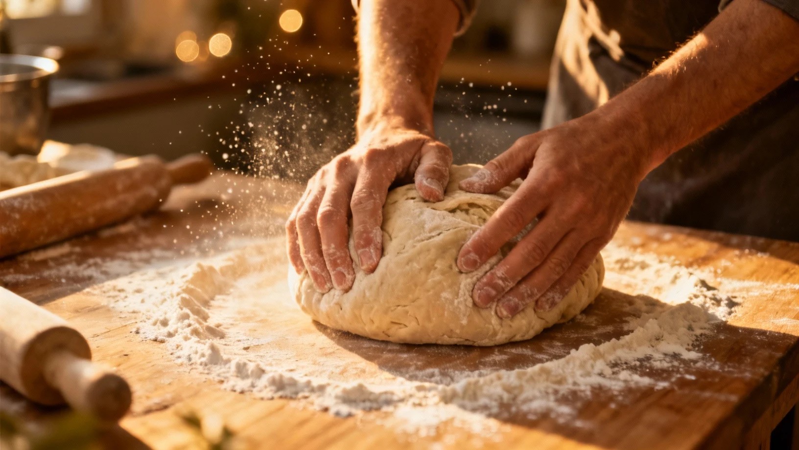 Mains petrissant une pate a pain artisanale